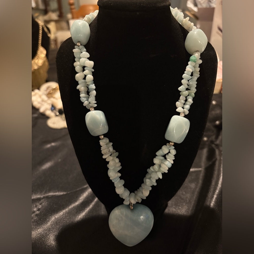Amazonite 925 Sterling Statement Blue Beaded Hear… - image 1